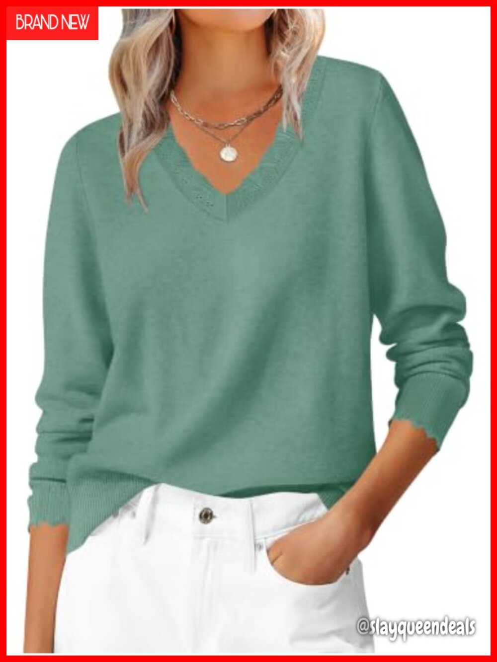 Women's Scalloped V-Neck Sweater Long Sleeve Pullover Soft Knit Top